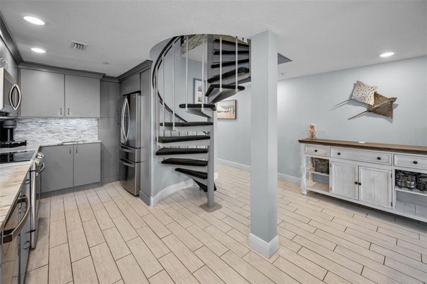 Interior, Kitchen, Recessed Lighting, Stainless Steel Appliances, Wood Texture Flooring