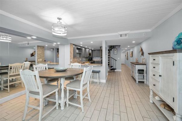 Dining room, Fireplace, Interior, Kitchen, Recessed Lighting, Wood Texture Flooring