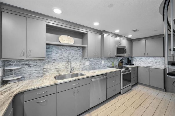 Interior, Kitchen, Recessed Lighting, Stainless Steel Appliances, Wood Texture Flooring