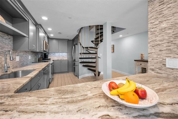 Interior, Kitchen, Recessed Lighting, Stainless Steel Appliances, Wood Texture Flooring