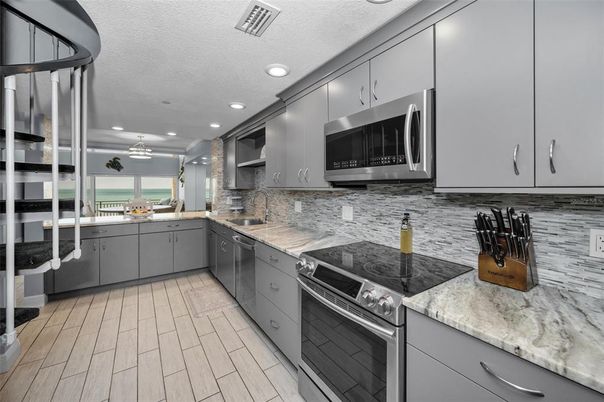 Interior, Kitchen, Recessed Lighting, Stainless Steel Appliances, Wood Texture Flooring