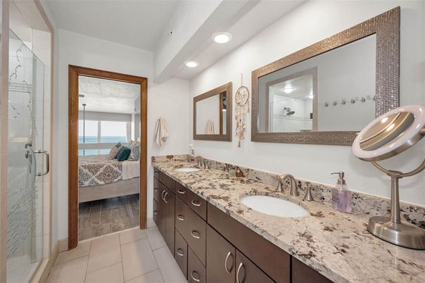 Bathroom, Bedroom, Dual Sink Vanities, Glass Shower, Interior, Recessed Lighting, Wood Texture Flooring