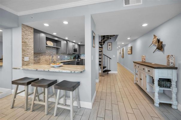 Interior, Kitchen, Recessed Lighting, Stainless Steel Appliances, Wood Texture Flooring