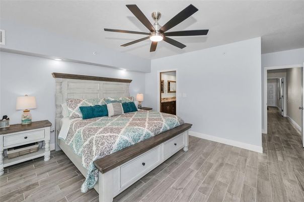Bedroom, Interior, Recessed Lighting, Wood Texture Flooring