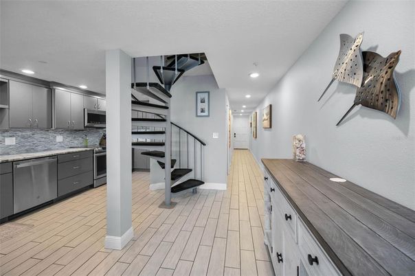 Interior, Kitchen, Recessed Lighting, Stainless Steel Appliances, Wood Texture Flooring