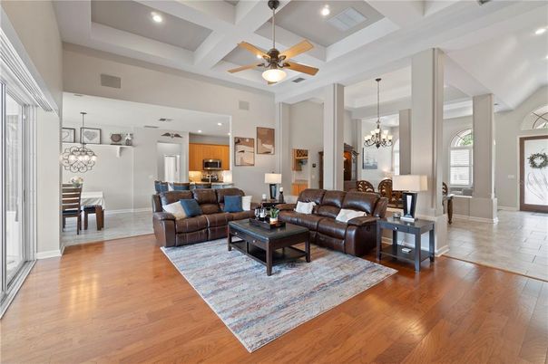 Chandelier, Dining room, Interior, Kitchen, Living room, Pendant Lights, Recessed Lighting, Wood Texture Flooring