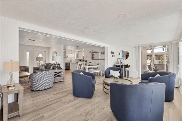 Dining room, Interior, Kitchen, Living room, Pendant Lights, Recessed Lighting, Stainless Steel Appliances, Wood Texture Flooring