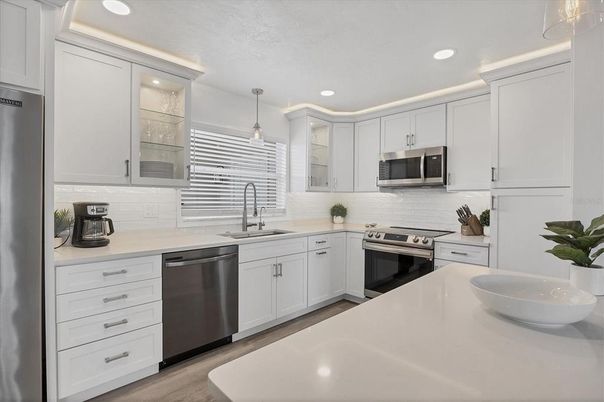 Interior, Kitchen, Pendant Lights, Recessed Lighting, Stainless Steel Appliances, Wood Texture Flooring
