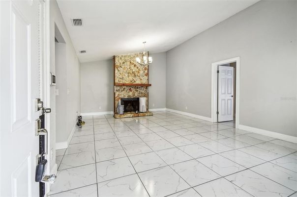Chandelier, Empty room, Fireplace, Interior, Marble