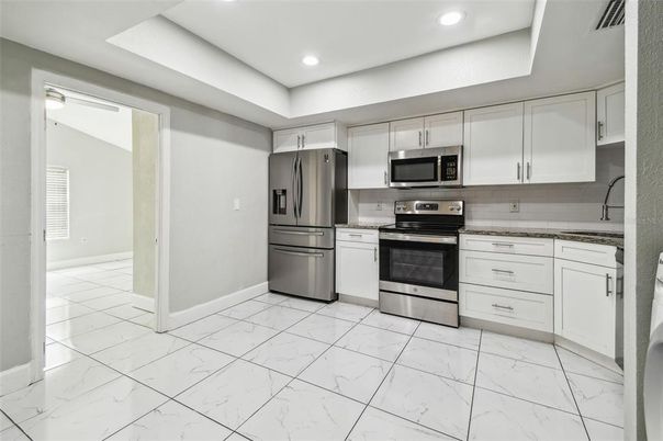 Interior, Kitchen, Marble, Recessed Lighting, Stainless Steel Appliances