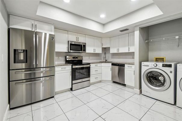 Interior, Kitchen, Marble, Recessed Lighting, Stainless Steel Appliances, Washer