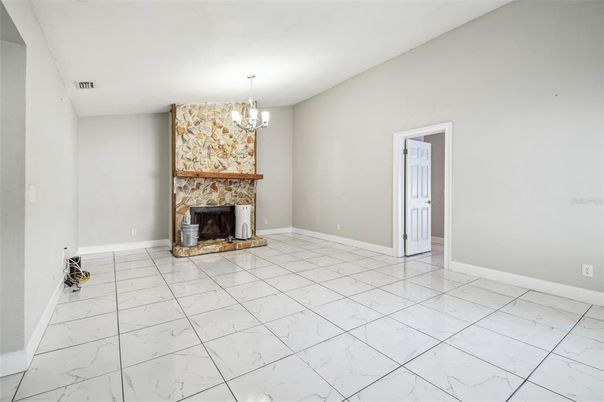 Chandelier, Empty room, Fireplace, Interior, Marble