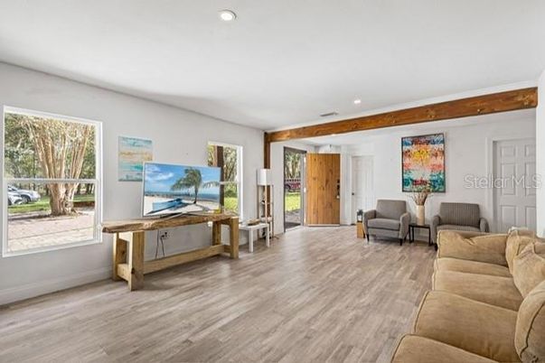 Interior, Living room, Recessed Lighting, Wooden Beams, Wood Texture Flooring