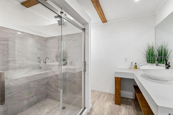 Bathroom, Glass Shower, Interior, Marble Walls, Recessed Lighting, Wooden Beams, Wood Texture Flooring