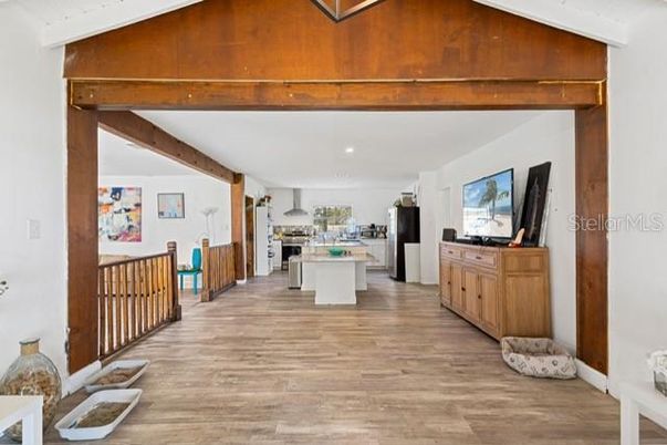 Interior, Kitchen, Recessed Lighting, Stainless Steel Appliances, Wooden Beams, Wood Texture Flooring