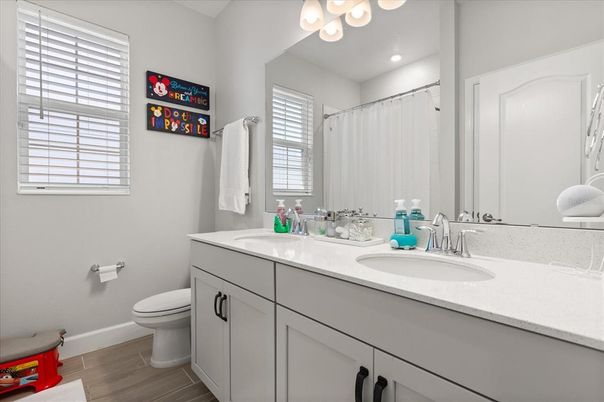Bathroom, Dual Sink Vanities, Interior, Recessed Lighting, Wood Texture Flooring