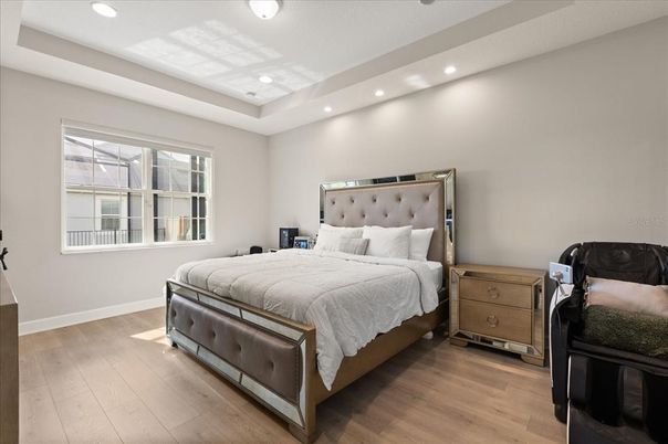 Bedroom, Interior, Recessed Lighting, Wood Texture Flooring