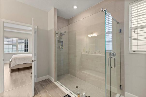 Bathroom, Bedroom, Glass Shower, Interior, Recessed Lighting, Wood Texture Flooring