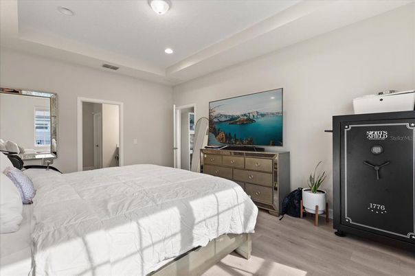 Bedroom, Interior, Recessed Lighting, Wood Texture Flooring