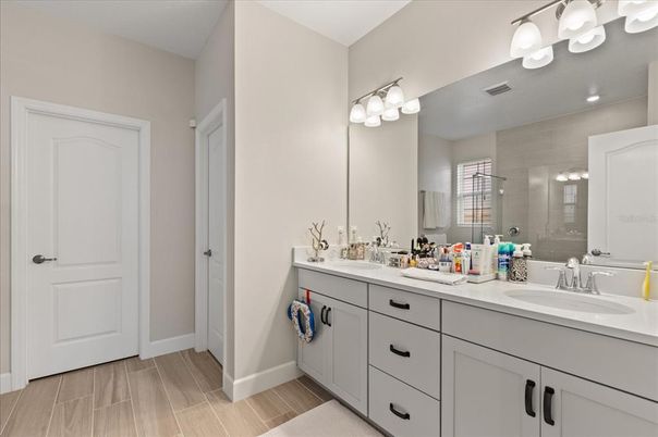 Bathroom, Dual Sink Vanities, Glass Shower, Interior, Wood Texture Flooring