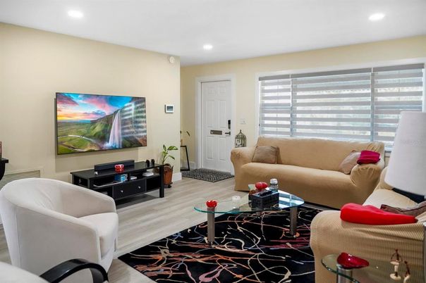 Interior, Living room, Recessed Lighting, Wood Texture Flooring