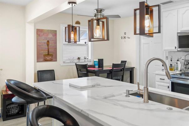 Dining room, Interior, Kitchen, Pendant Lights, Wood Texture Flooring
