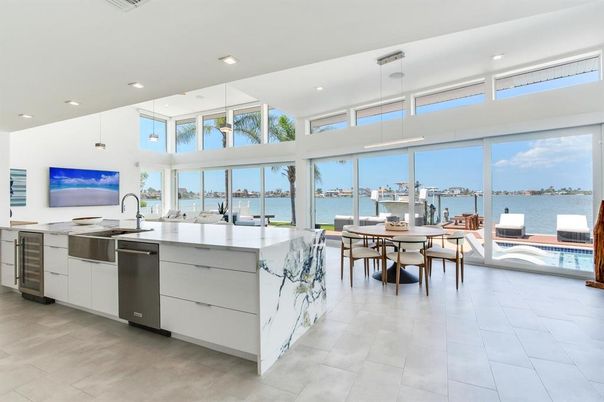 Dining room, Interior, Kitchen, Pendant Lights, Recessed Lighting, Stainless Steel Appliances, Water