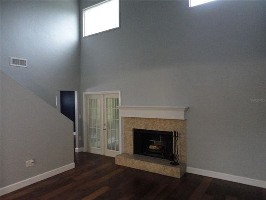 Empty room, Fireplace, Interior, Recessed Lighting, Wood Texture Flooring