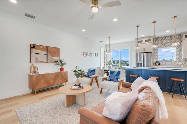 Interior, Kitchen, Living room, Pendant Lights, Recessed Lighting, Stainless Steel Appliances, Wood Texture Flooring