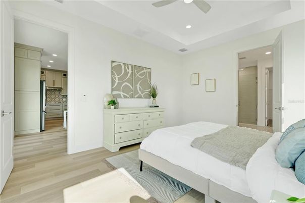Bedroom, Interior, Recessed Lighting, Wood Texture Flooring