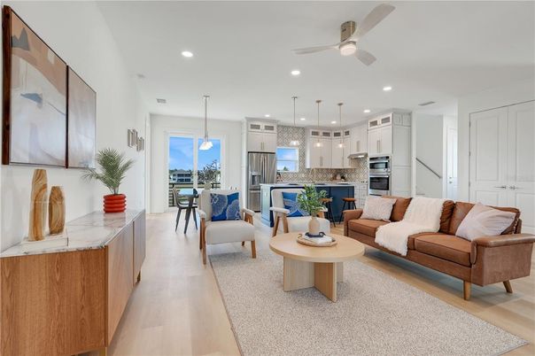 Interior, Kitchen, Living room, Pendant Lights, Recessed Lighting, Stainless Steel Appliances, Wood Texture Flooring