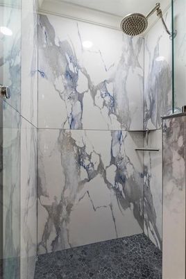 Bathroom, Glass Shower, Interior, Marble Walls, Recessed Lighting