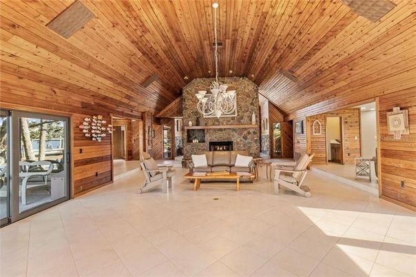 Fireplace, Interior, Living room, Recessed Lighting, Wooden Ceilings, Wooden Walls
