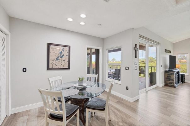 Dining room, Interior, Recessed Lighting, Wood Texture Flooring