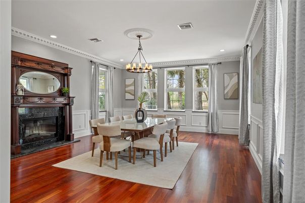 Chandelier, Dining room, Fireplace, Interior, Recessed Lighting, Wood Texture Flooring