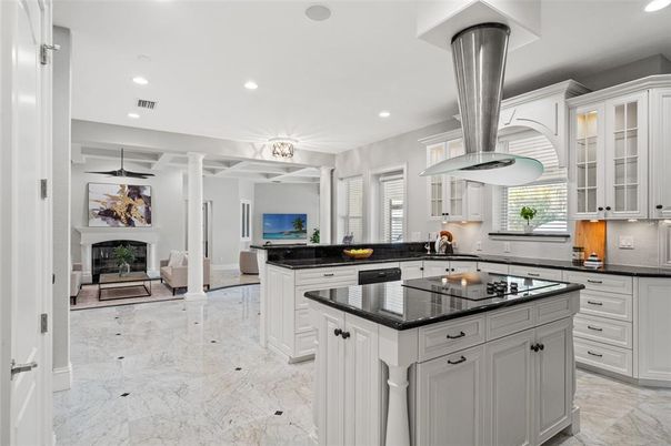 Fireplace, Interior, Kitchen, Living room, Marble, Recessed Lighting, Stainless Steel Appliances