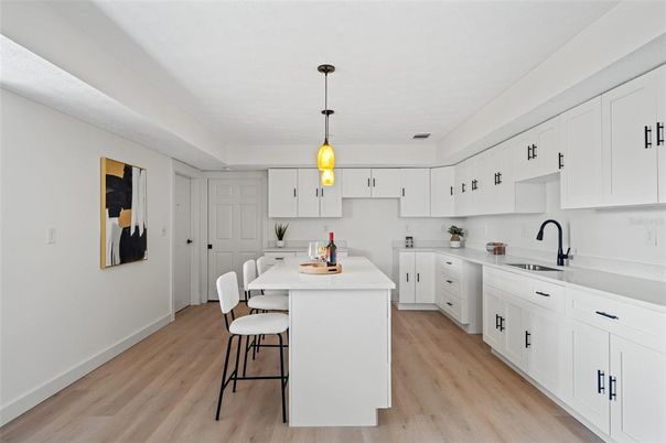 Interior, Kitchen, Pendant Lights, Wood Texture Flooring