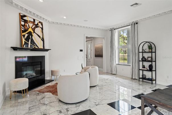 Fireplace, Interior, Living room, Marble, Recessed Lighting