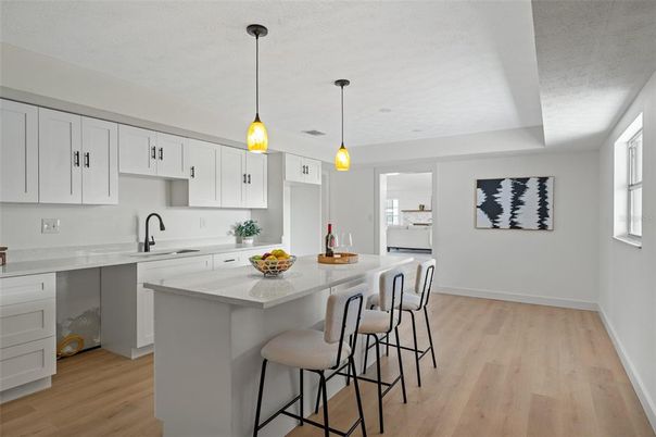 Interior, Kitchen, Pendant Lights, Wood Texture Flooring