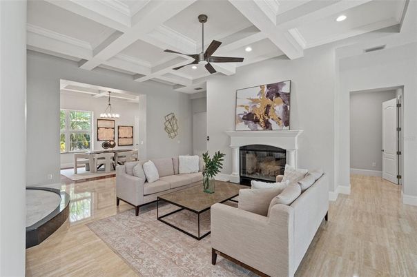 Dining room, Fireplace, Interior, Kitchen, Living room, Pendant Lights, Recessed Lighting, Wood Texture Flooring