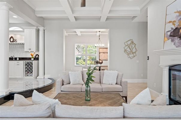 Fireplace, Interior, Kitchen, Living room, Pendant Lights, Recessed Lighting, Wood Texture Flooring