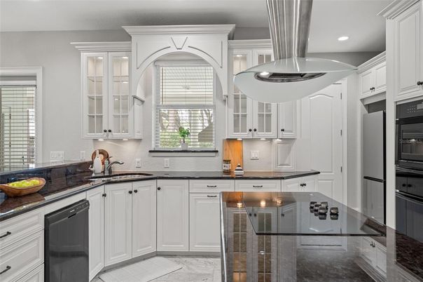 Interior, Kitchen, Marble, Pendant Lights, Recessed Lighting, Stainless Steel Appliances