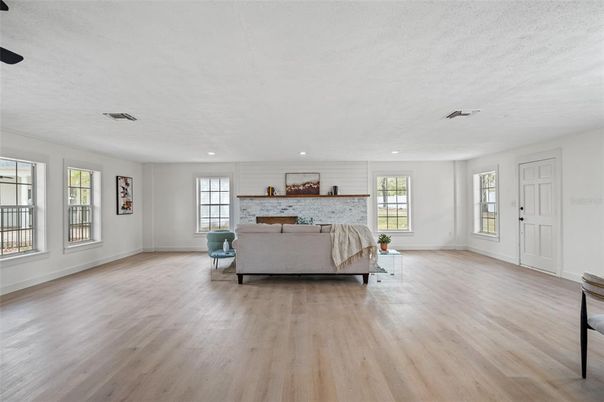 Interior, Living room, Recessed Lighting, Stone Walls, Wood Texture Flooring