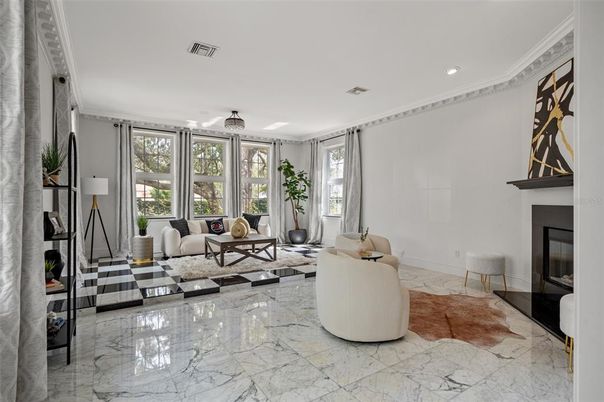 Fireplace, Interior, Living room, Marble, Recessed Lighting
