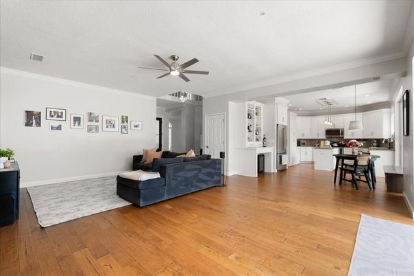 Dining room, Interior, Kitchen, Living room, Pendant Lights, Recessed Lighting, Wood Texture Flooring