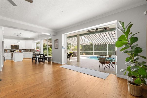 Dining room, Interior, Kitchen, Pendant Lights, Recessed Lighting, Wood Texture Flooring