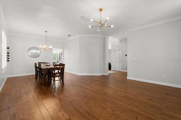 Chandelier, Dining room, Interior, Pendant Lights, Wood Texture Flooring