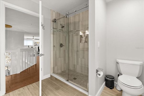 Bathroom, Glass Shower, Interior, Wood Texture Flooring