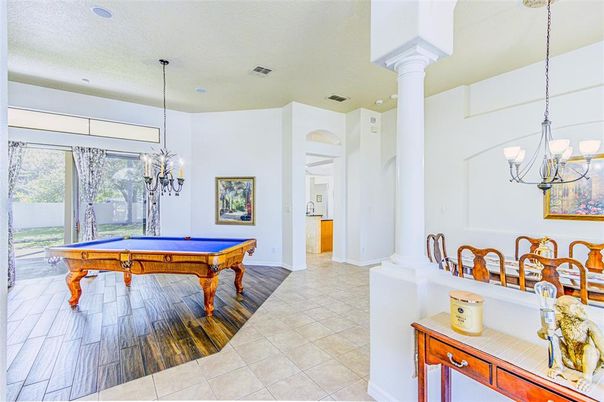 Billiard Table, Chandelier, Game Room, Interior, Pendant Lights