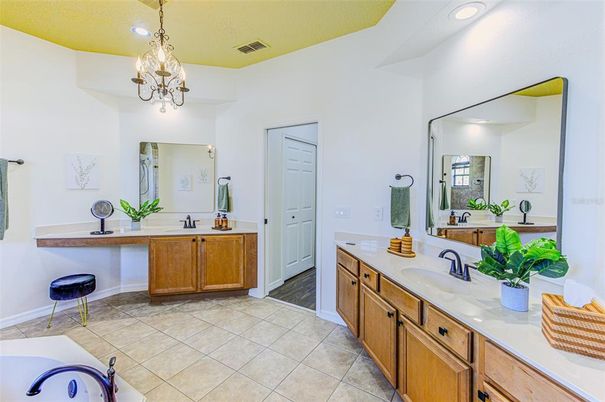 Bathroom, Chandelier, Dual Sink Vanities, Interior, Recessed Lighting